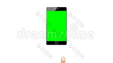 商人手特写与手势互动，如轻触滑动点击手机或智能手机空白绿色屏幕显示